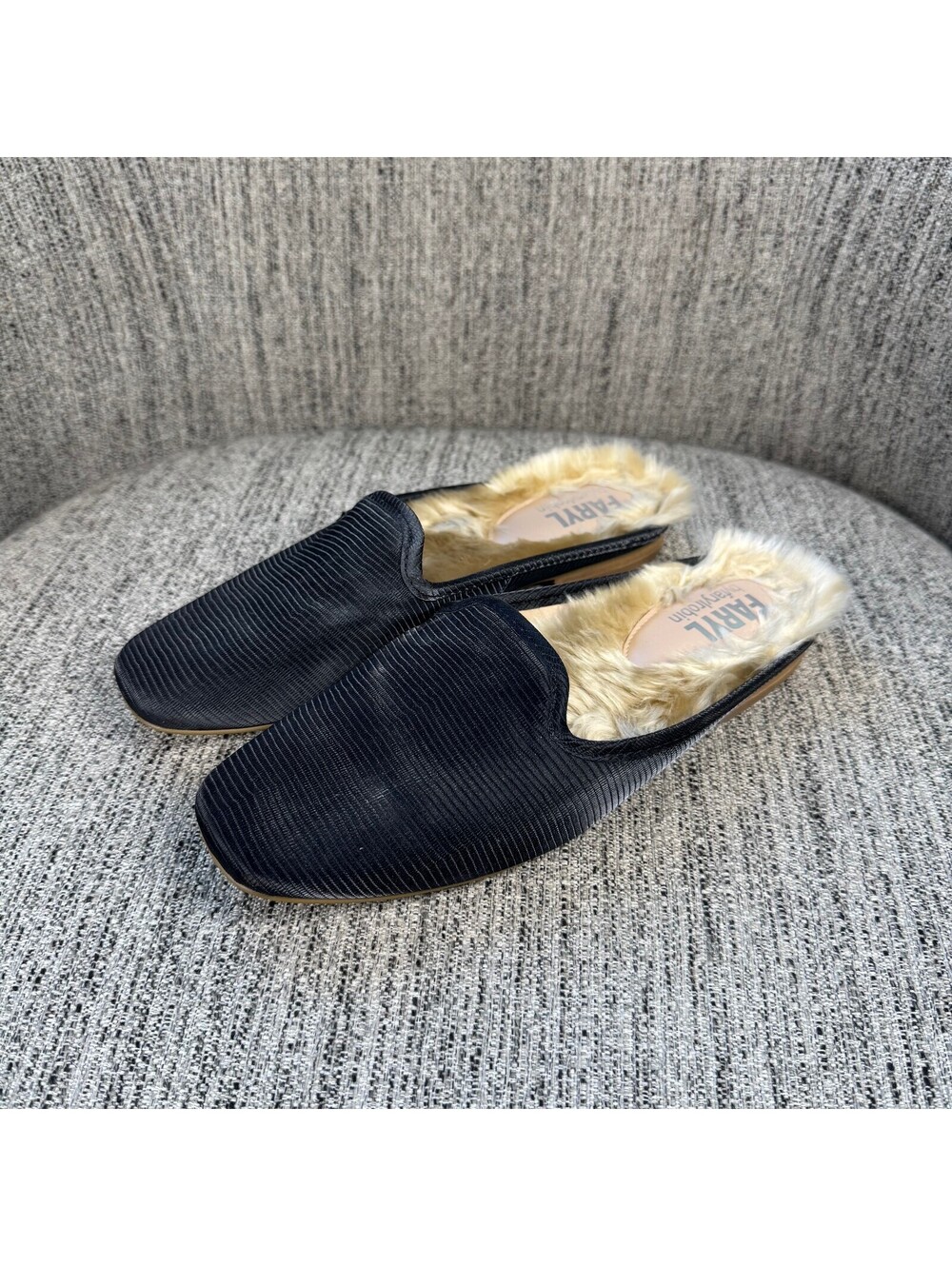 Faryl by Farylrobin Black Faux Fur Lined Slip-On Loafer Flats Mules Womens 7